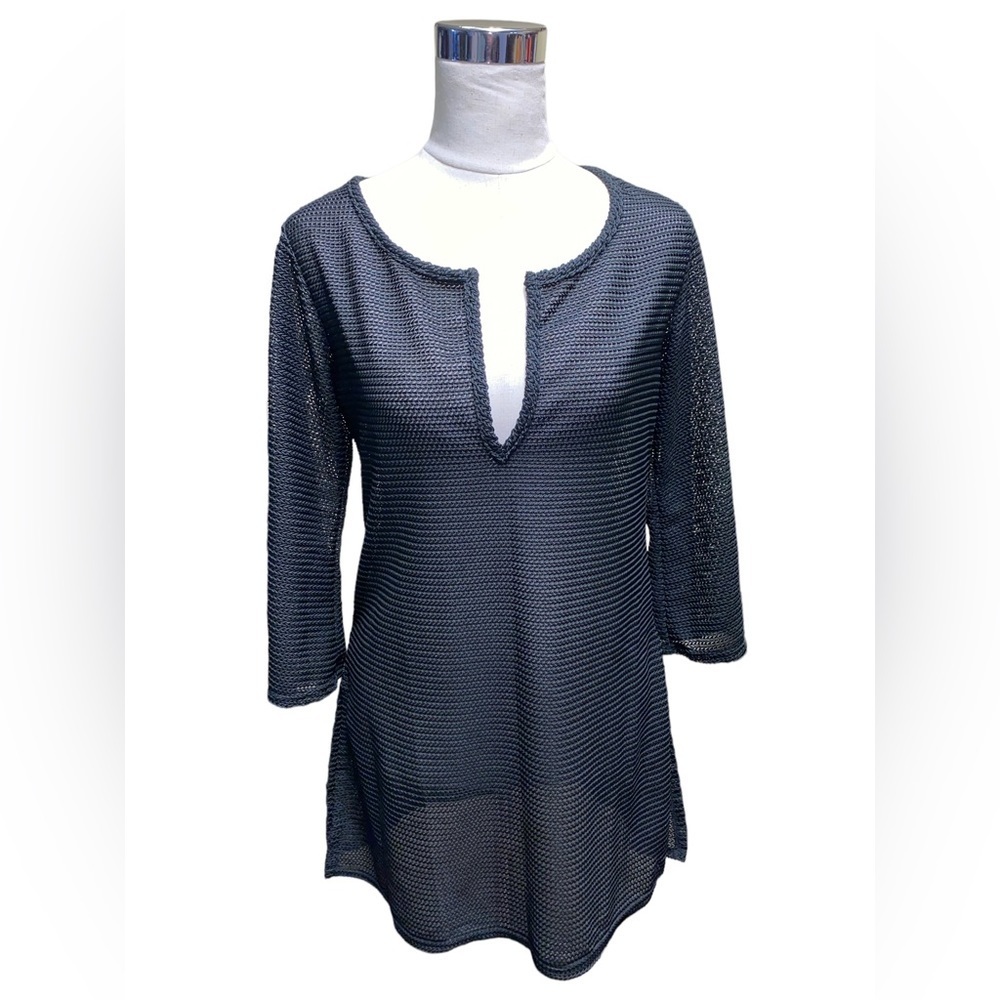 Jordan Taylor Medium Beach Tunic Coverup Pullover Black Knit 3/4 Sleeve